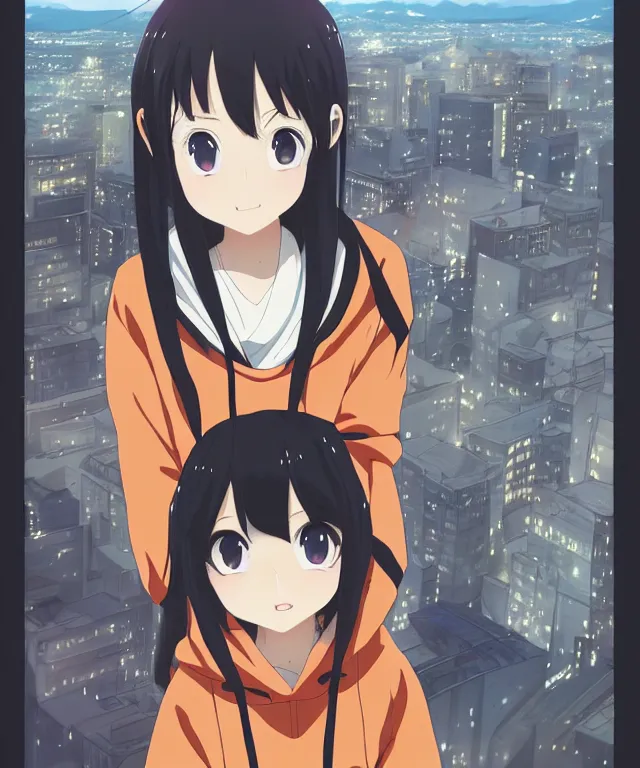 Image similar to anime visual, portrait of a young black haired girl wearing hoodie sightseeing above the city, guardrail, cute face by yoh yoshinari, katsura masakazu, dramatic lighting, dynamic pose, dynamic perspective, strong silhouette, ilya kuvshinov, anime cels, 1 8 mm lens, fstop of 8, rounded eyes, moody, detailed facial features