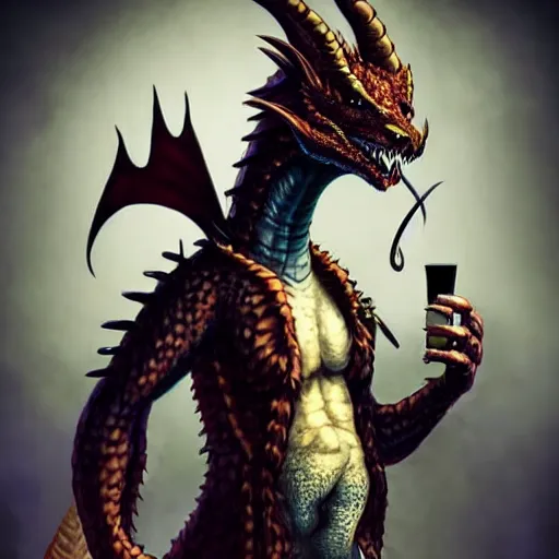 Image similar to a anthropomorphic dragon dressed like a punk drinking in a bar Trending on artstation DeviantArt Pinterest furaffinty Photorealistic HD 8k highlights and shadow detailed High Resolution