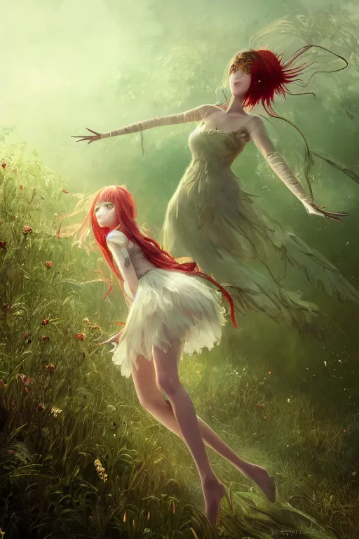 Prompt: highly detailed portrait of a young vegetal fairy princess dacing in the grass, wavy vibrant red hair, white lace dress, cinematic lighting, dramatic atmosphere, by Dustin Nguyen, Akihiko Yoshida, Greg Tocchini, Greg Rutkowski, Cliff Chiang, 4k resolution, nier:automata inspired, bravely default inspired, luminous forest background