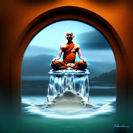 Prompt: a monk levitating water by meditating, digital art, fantasy art, matte painting