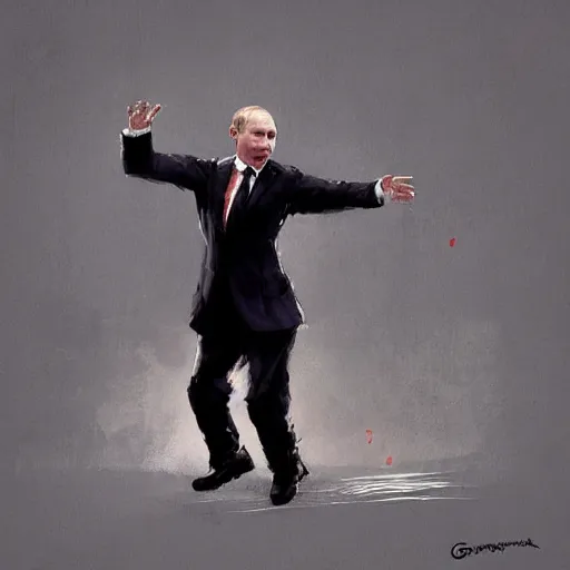 Image similar to putin wearing an funny clothes and dancing by greg rutkowski