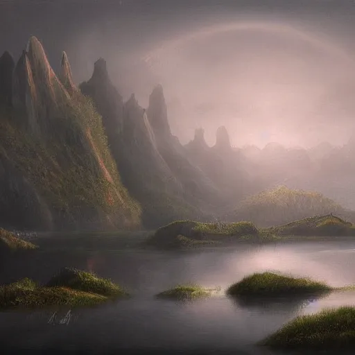 Prompt: an ultra detailed painting of a mysterious misty lagoon at night, far away behind it is a cliff with a dark castle on top of it with a few windows lit, dark forests surrounding, twilight, highly detailed, fantasy, realistic