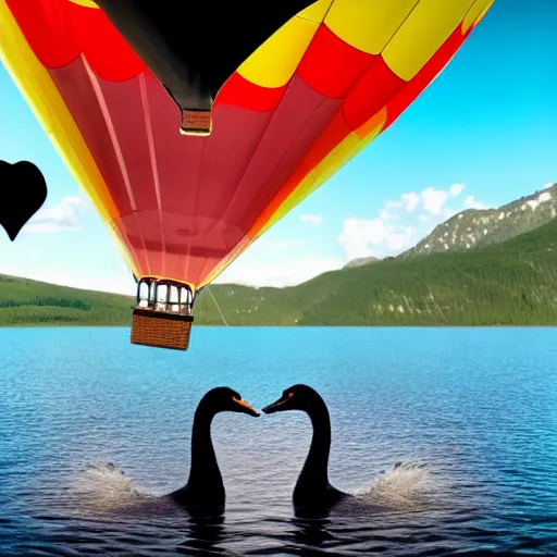 Image similar to photo of two black swans swimming in a beautiful reflective mountain lake, touching heads, forming a heart with their necks, a colorful hot air balloon is flying above the swans, hot air balloon, intricate, portrait, 8k highly professionally detailed, HDR, CGsociety, octane render, 4k