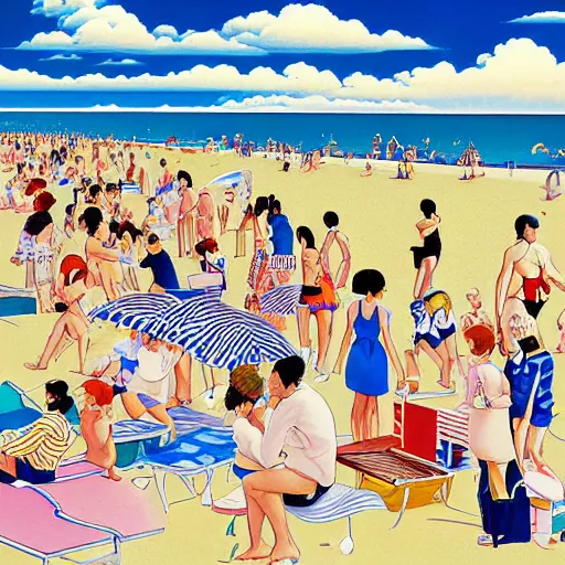 Prompt: a beautiful painting of a sunny day at the beach by hiroshi nagai and hirohiko araki, detailed line art