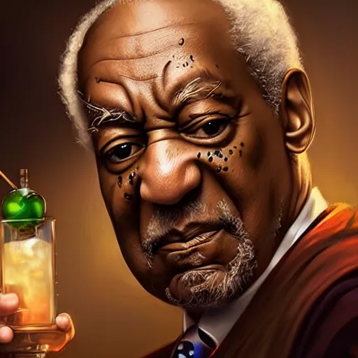 Image similar to Bill Cosby Mixologist, closeup, D&D, fantasy, intricate, elegant, highly detailed, digital painting, artstation, concept art, matte, sharp focus, illustration, hearthstone, art by Artgerm and Greg Rutkowski and Alphonse Mucha