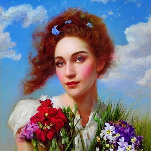 Image similar to a portrait of a romantic woman with flowers grow out of hair, roses peonies forget-me-nots dahlias lupins gladioli, sky theme in background, by Alexandr Averin, Digital Art, Trending on artstation