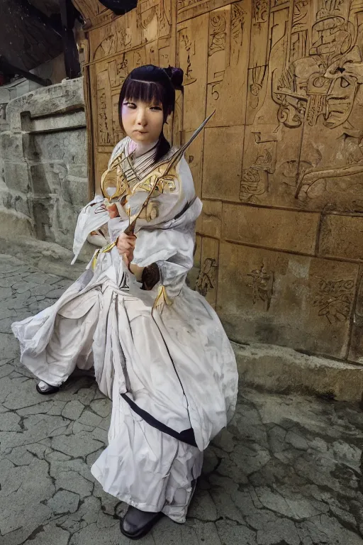 Image similar to highly detailed beautiful photo of a young female samurai, practising sword stances in a temple, symmetrical face, beautiful eyes, realistic anime art style, 8 k, award winning photo, pastels, action photography, 1 / 1 2 5 shutter speed, dramatic lighting