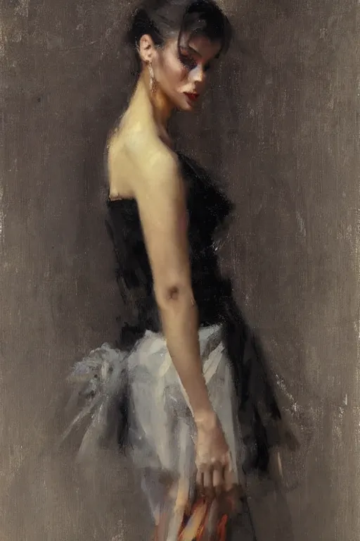 Prompt: Richard Schmid and Jeremy Lipking full length portrait painting of a young beautiful flamenco dancer