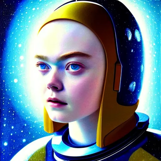 Prompt: portrait of a elle fanning wearing a spacesuit in the dark depths of space, film grain, detailed realism face in painting, detailed beautiful portrait, oil painting masterpiece, 8 k resolution, smooth, sharp focus, trending on artstation, by rembrandt