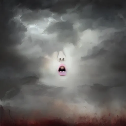 Image similar to a face in anguish coming out of the clouds, dark skies, ominous mood, breathtaking digital painting,