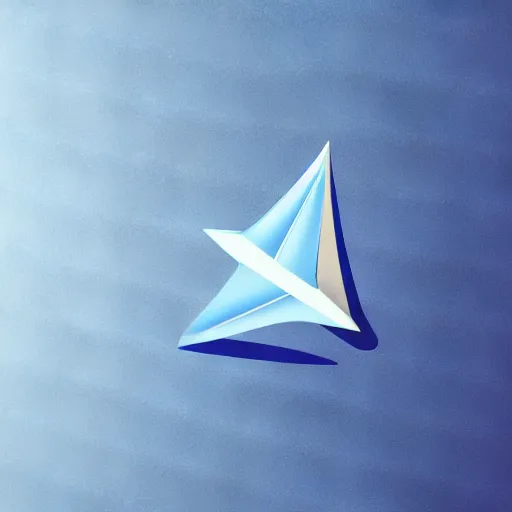 Image similar to icon of paper plane in light blue metallic iridescent material, 3D render isometric perspective on dark background