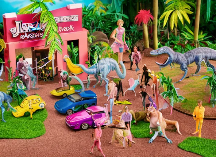 Prompt: jurassic park barbie play set, children's toy advertisement, studio photography, close - up