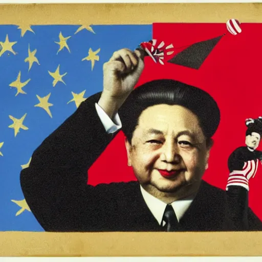 Image similar to george soros dressed as mao tse dong. where's wally, on a beach with beautiful girls, flying a kite, by goya