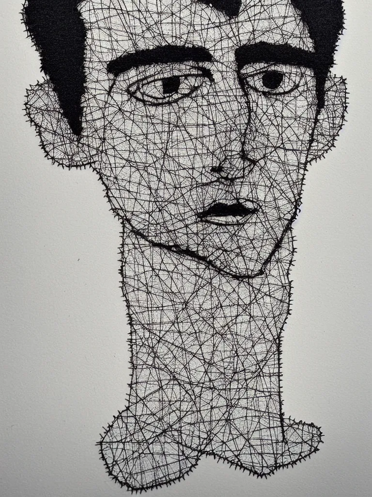 Prompt: simple and elegant wire art portrait of a single man, influenced by egon schiele. minimalist artwork full of human emotional expression and personality, powerful gaze, dramatic.