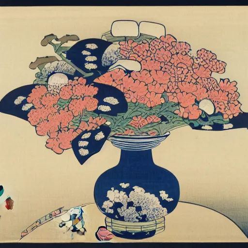 Image similar to bouquet of flowers, centered, symmetrical, ukiyo-e style, Hokusai, Hiroshige