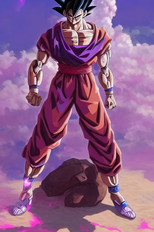 Image similar to goku robotic clothes in the beach purple sun, pink lighting ultra realistic photorealistic highly detailed high quality, a stunningly, digital painting, artstation, concept art, smooth, sharp focus, illustration, art by artgerm and greg rutkowski and alphonse mucha 8 k