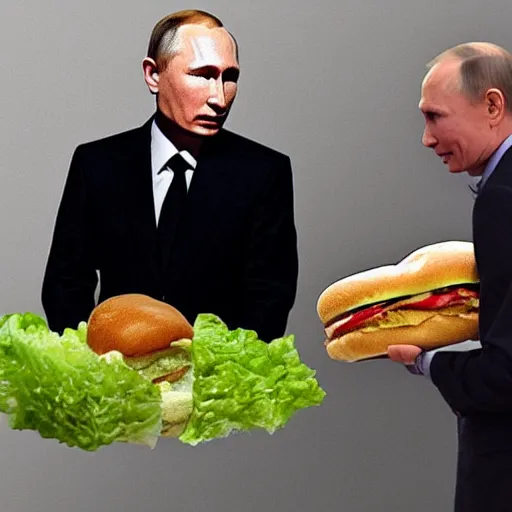 Prompt: Vladimir Putin, slathered in mayonnaise On a bed of lettuce and tomato between a bread bun