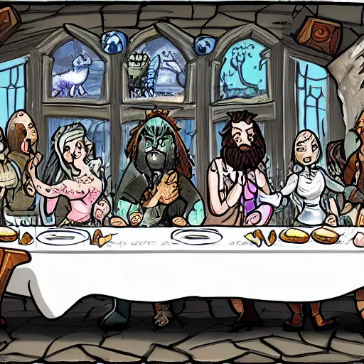 Prompt: The Last Supper, cartoon, rpg character, humblewood art style, concept art, fantasy