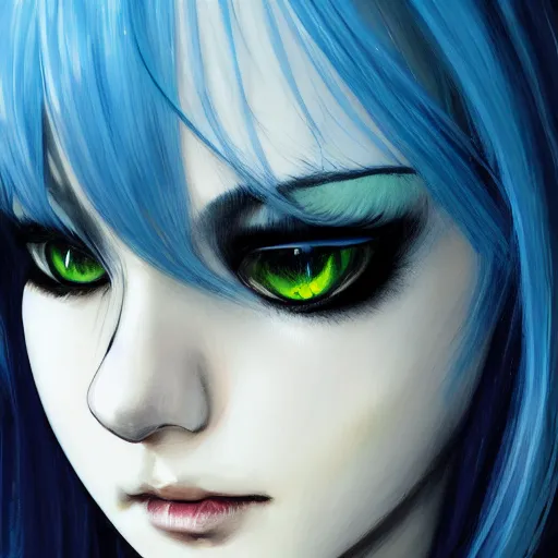 Image similar to full face shot of rimuru tempest, sky blue straight hair, long bangs, with amber eyes, wearing a fancy black jacket, high collar, ultra detailed, brush strokes, digital painting, cinematic, fxiv, wlop artstation, closeup, pixiv, eerie, scary, intimidating glare, evil, yoshitaka amano, junji ito,