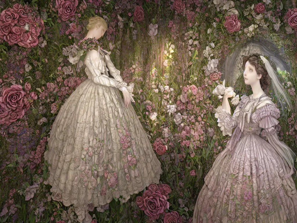 Image similar to the beautiful hyperdetailed physical rendering of rose flower wedding gothic lolita dress clothing design display in stay in bloom,, perfectly shaded, atmospheric lighting, in the style of louis comfort tiffany, makoto shinkai, raphael lacoste louis comfort tiffany, artgerm, karol bak, james jean, ross tran, 8 k hd, fine texture structure, 3 drender,