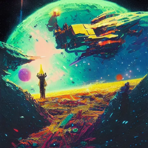 Image similar to epic illustration of Christopher Lloyd as a space wizard by Paul Lehr, detailed, space opera, screen print