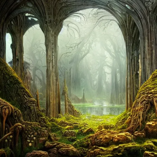 Image similar to a beautiful and highly detailed epic oil painting of an elven temple deep in the misty mountains, valley of dreams, tall trees, ancient runes, intricate details, epic scale, insanely complex, 8 k, sharp focus, hyperrealism, fantasy landscape, psychedelic, by caspar friedrich, brian froud, albert bierstadt,