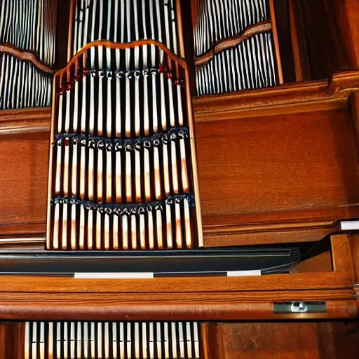 Prompt: photo of an organ with 1 0 sets of keys