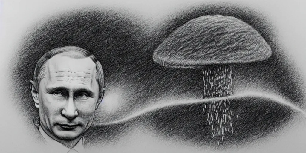 Image similar to vladimir putin wearing a nuclear mushroom cloud blast for a hat, cartoonish, ultra detailed pencil drawing