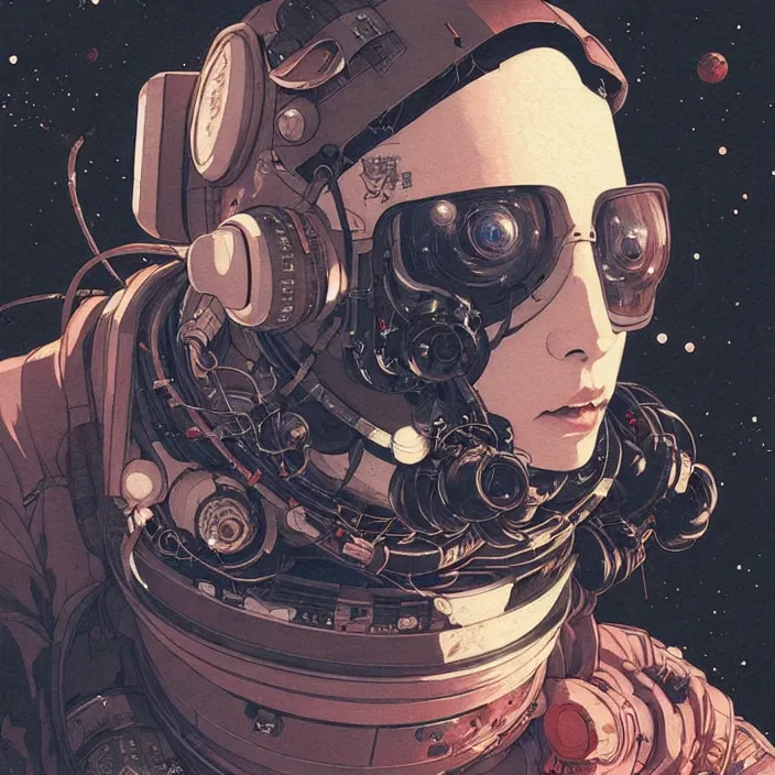 Image similar to a beautiful ukiyo painting of cyberpunk space pilot, wearing space techwear, detailed symmetrical close up portrait, intricate complexity, concept art, by takato yamamoto, wlop, artgem, krenz cushart. cinematic dramatic atmosphere, sharp focus, award winning