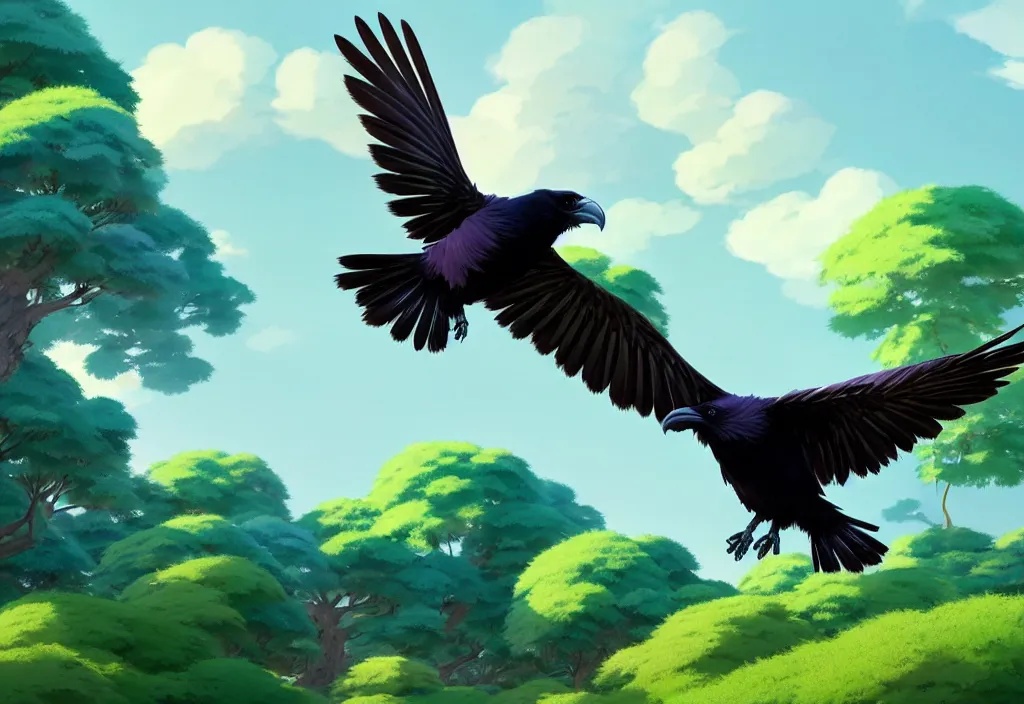 Image similar to a wholesome animation key shot of a cute stripe colored raven flying above the forest, studio ghibli, pixar and disney animation, sharp, rendered in unreal engine 5, anime key art by greg rutkowski, bloom, summer lighting