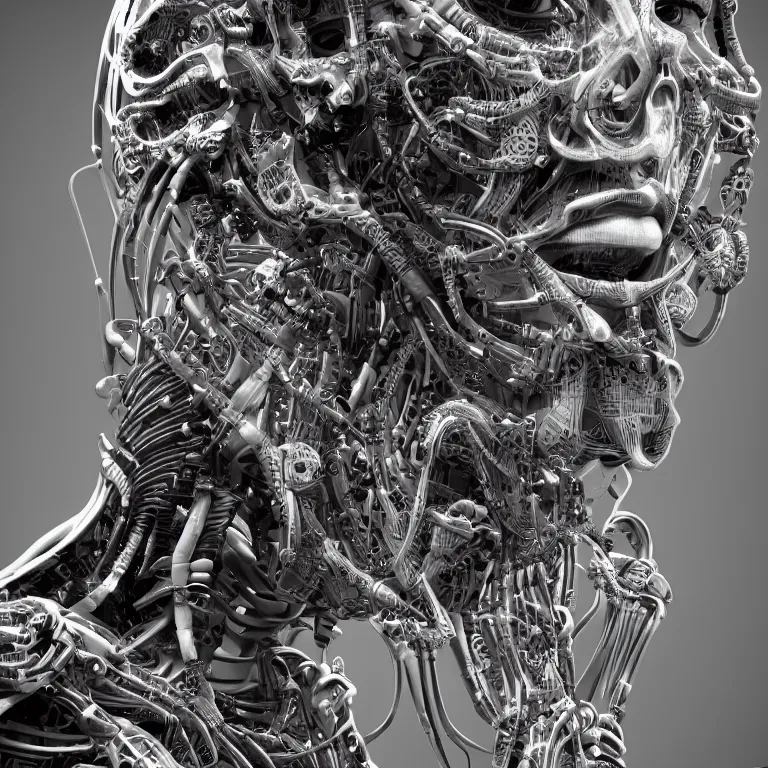 Image similar to surreal biomechanical spinal ribbed tribal exotic organic face portrait of mechanical cyborg, beautiful detailed intricate insanely detailed BW 3D render digital art, octane render, 8K artistic photography, photorealistic