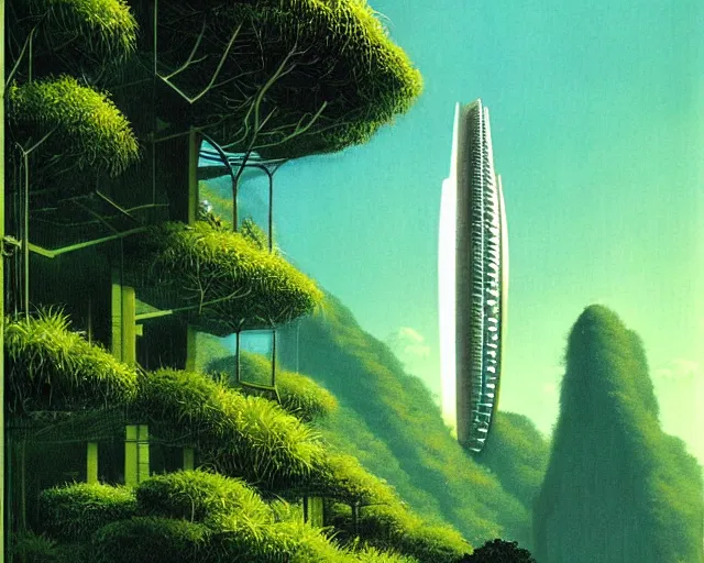 Prompt: futuristic skyscraper emerging from a dense jungle by dean ellis