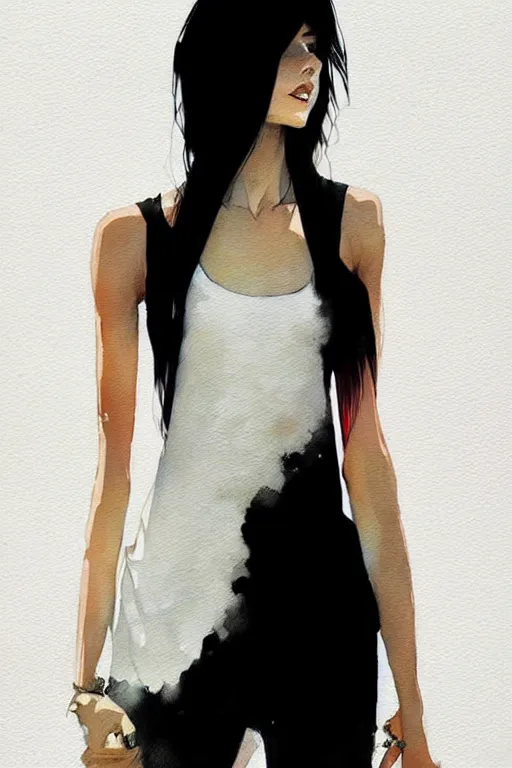 Image similar to a ultradetailed beautiful painting of a stylish woman with a white tank top, by conrad roset, greg rutkowski and makoto shinkai trending on artstation