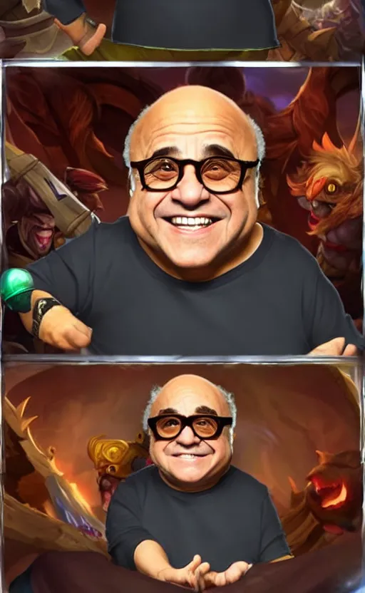 Image similar to Danny DeVito as a character in the game League of Legends, with a background based on the game League of Legends, detailed face, old 3d graphics