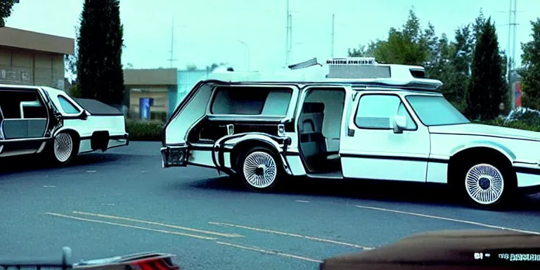 Image similar to Photorealistic cinematography of the rear of a the “Back To The Future Time Machine” from the film “Back To The Future” reversing down a ramp out of Doc Browns “1984 white GMC Value Van” at night + filmed on location at ultra photorealistic “Back To The Future” “Twin Pines Mall” parking lot Set located at Puente Hills Mall, 1600 South Azusa Avenue, City of Industry, California At night By “Back To The Future” Cinematographer Dean Cundey at night 5