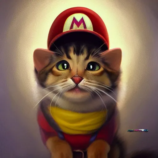 Prompt: A beautiful oil painting of a Kawaii Cat wearing a Super Mario Hat, illustration, art by artgerm, volumetric lighting, photorealistic, highly detailed.