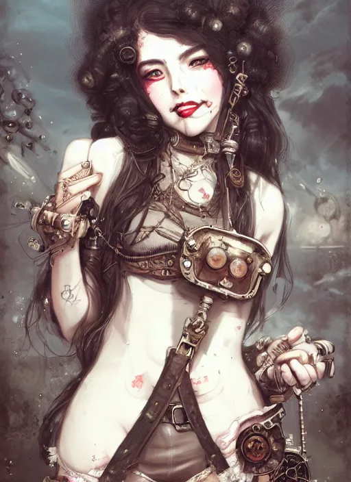 Image similar to daguerreotype of beautiful steampunk girl, white skin, long brunette hair, lipstick, short pants, belts, black croptop, junkyard, high fantasy, highly detailed, digital illustration, by rossdraws, sakimichan frank franzzeta