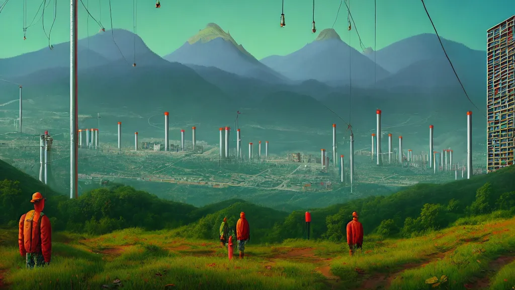 Image similar to Nuclear Nature Solarpunk harmony; the mountains and city of Quito are towered over by giant nuclear power plants covered with foliage; by Simon Stålenhag, oil on canvas; Art Direction by James Cameron; 4K, 8K; Ultra-Realistic Depth Shading