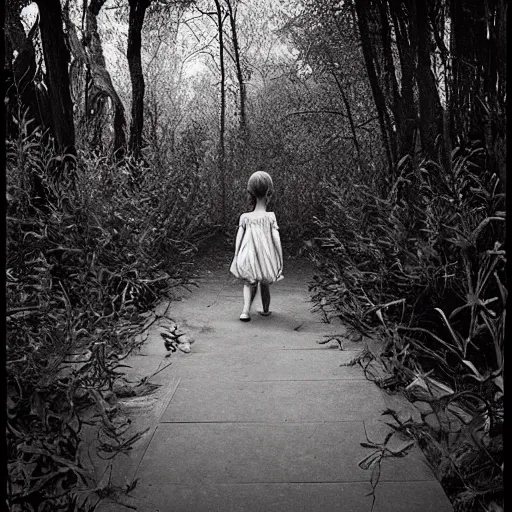 Prompt: i see the back of a little girl in a flowery dress walking away into a forest,, art by jock sturges
