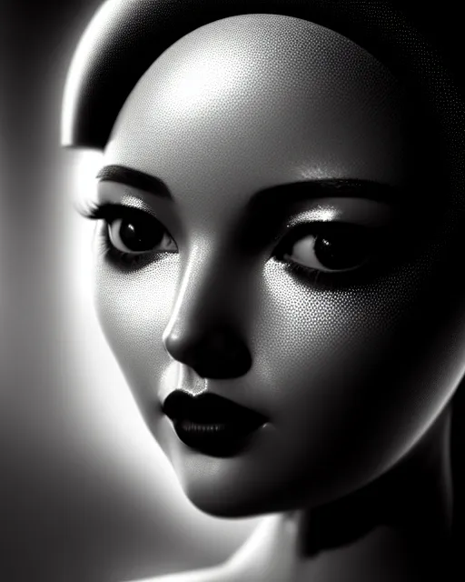 Image similar to black and white dreamy young beautiful female artificial intelligence, metropolis, cinematic, rim light, bokeh, photo - realistic, elegant, high detail, 8 k, masterpiece, photo taken in 1 9 3 0