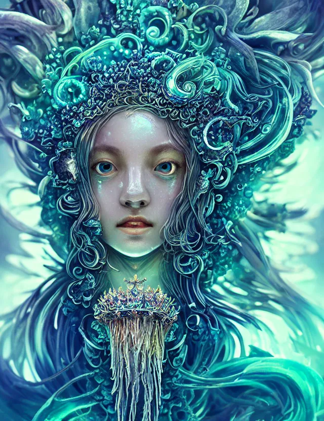 Image similar to goddess macro close - up portrait wigh crown made of ram skull. betta fish, jellyfish phoenix, bioluminiscent, plasma, ice, water, wind, creature, super intricate ornaments artwork by tooth wu and wlop and beeple and greg rutkowski