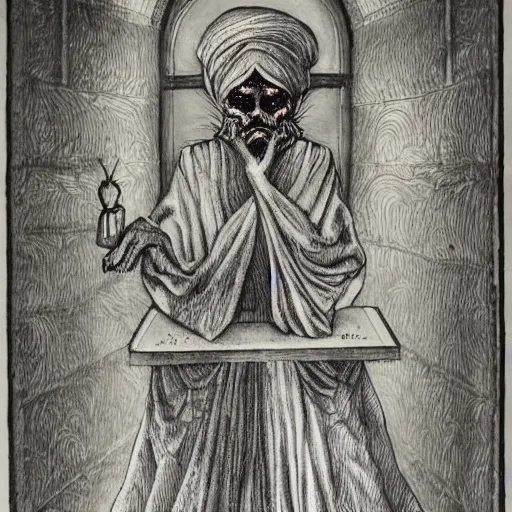 Image similar to Fantasy portrait of a man made of frost and shadow holding religious tome, high detailed, horror, old renaissance, religious art, style of Harshanand Singh and Junji Ito