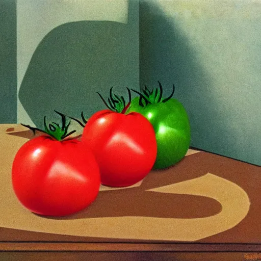 Image similar to attack of the killer's tomatoes. rene magritte style