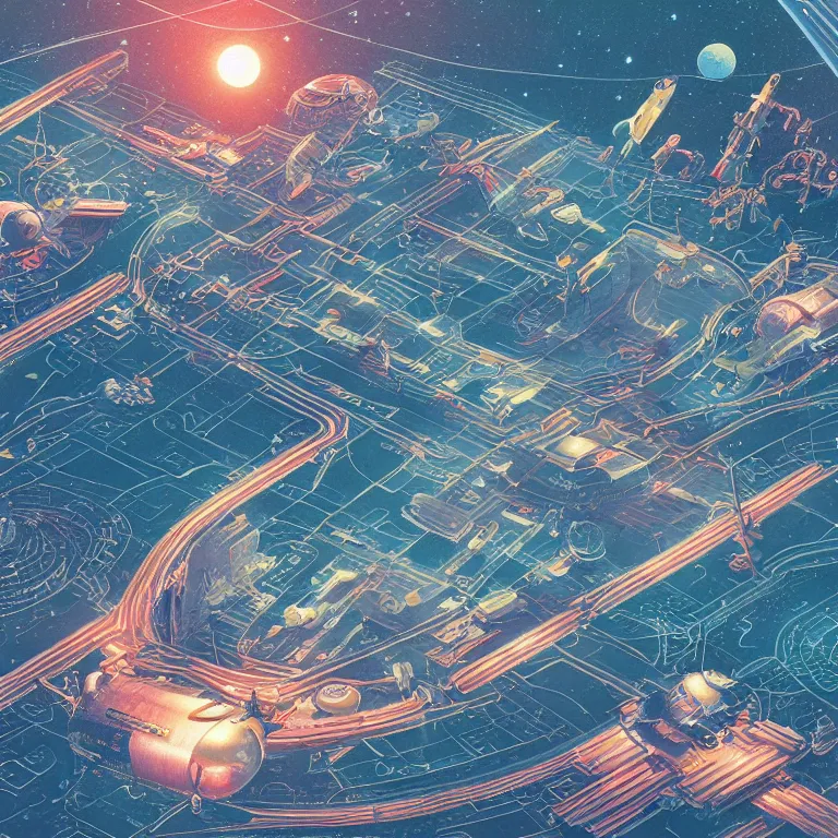 Image similar to isometric view illustration of a very lively space port , highly detailed, end of the day, by James Gilleard and Bruce Pennington