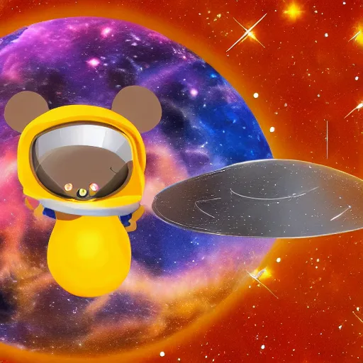 Image similar to a mouse dressed like an astronaut is on a planet made of cheese. a cute rocket ship is behind the mouse. There's a dreamy galaxy in the background.