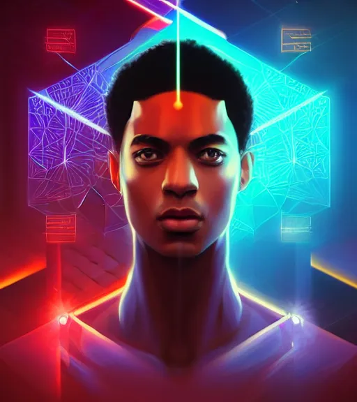 Image similar to symmetry!! egyptian prince of technology, solid cube of light, hard edges, product render retro - futuristic poster scifi, lasers and neon circuits, brown skin man egyptian prince, intricate, elegant, highly detailed, digital painting, artstation, concept art, smooth, sharp focus, illustration, dreamlike, art by artgerm