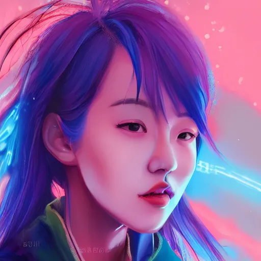 Image similar to a digital painting of a korean woman in the rain with blue hair, cute - fine - face, pretty face, cyberpunk art by sim sa - jeong, cgsociety, synchromism, detailed painting, glowing neon, digital illustration, perfect face, extremely fine details, realistic shaded lighting, dynamic colorful background