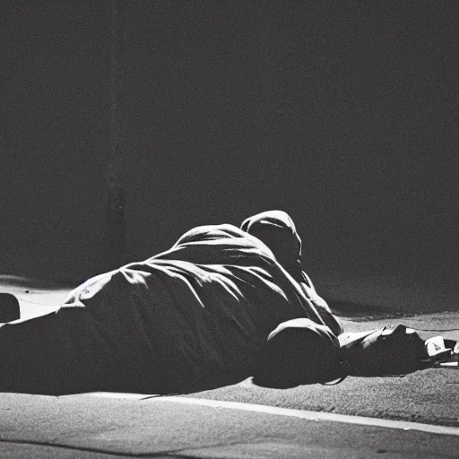 Image similar to homeless man sleeping on the streets, dramatic lighting