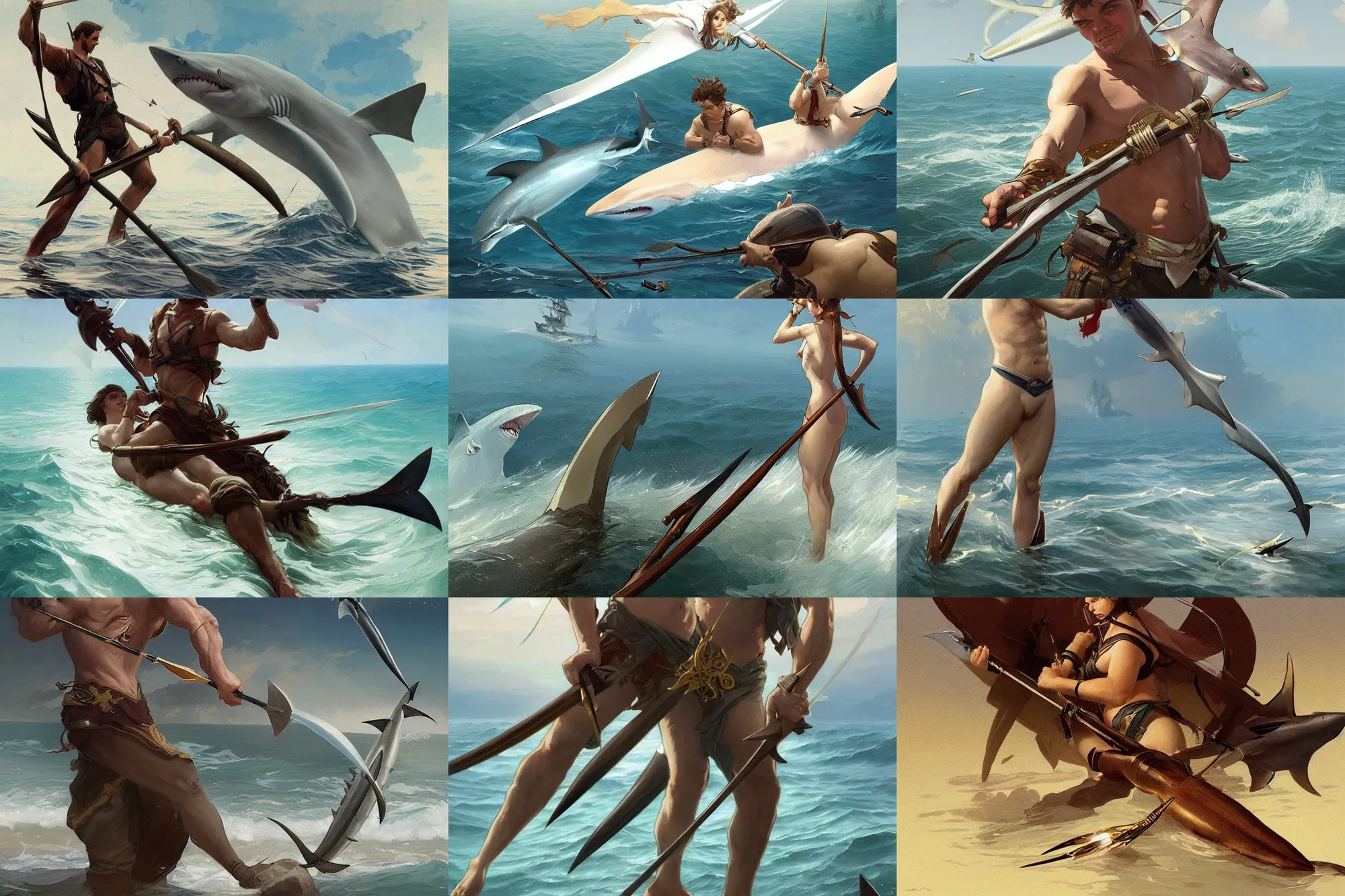 Prompt: Man spears shark with harpoon at sea, elegant, highly detailed, digital painting, artstation, concept art, smooth, sharp focus, illustration, art by artgerm and greg rutkowski and alphonse mucha