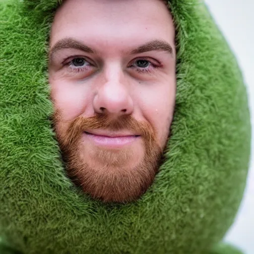 Image similar to a man in a furry avocado costume, portrait photography, close up, sigma 8 5 mm